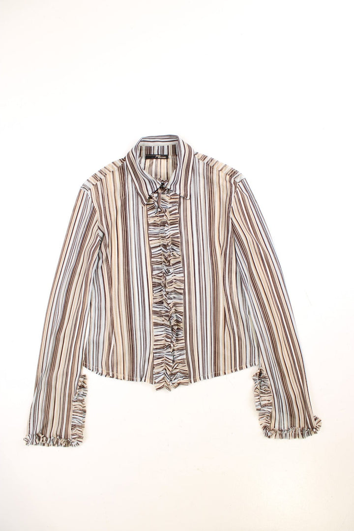 Y2K Jane Norman mesh blouse in pale blue with brown stripes, slit sleeves, and ruffles along the buttons and cuffs.