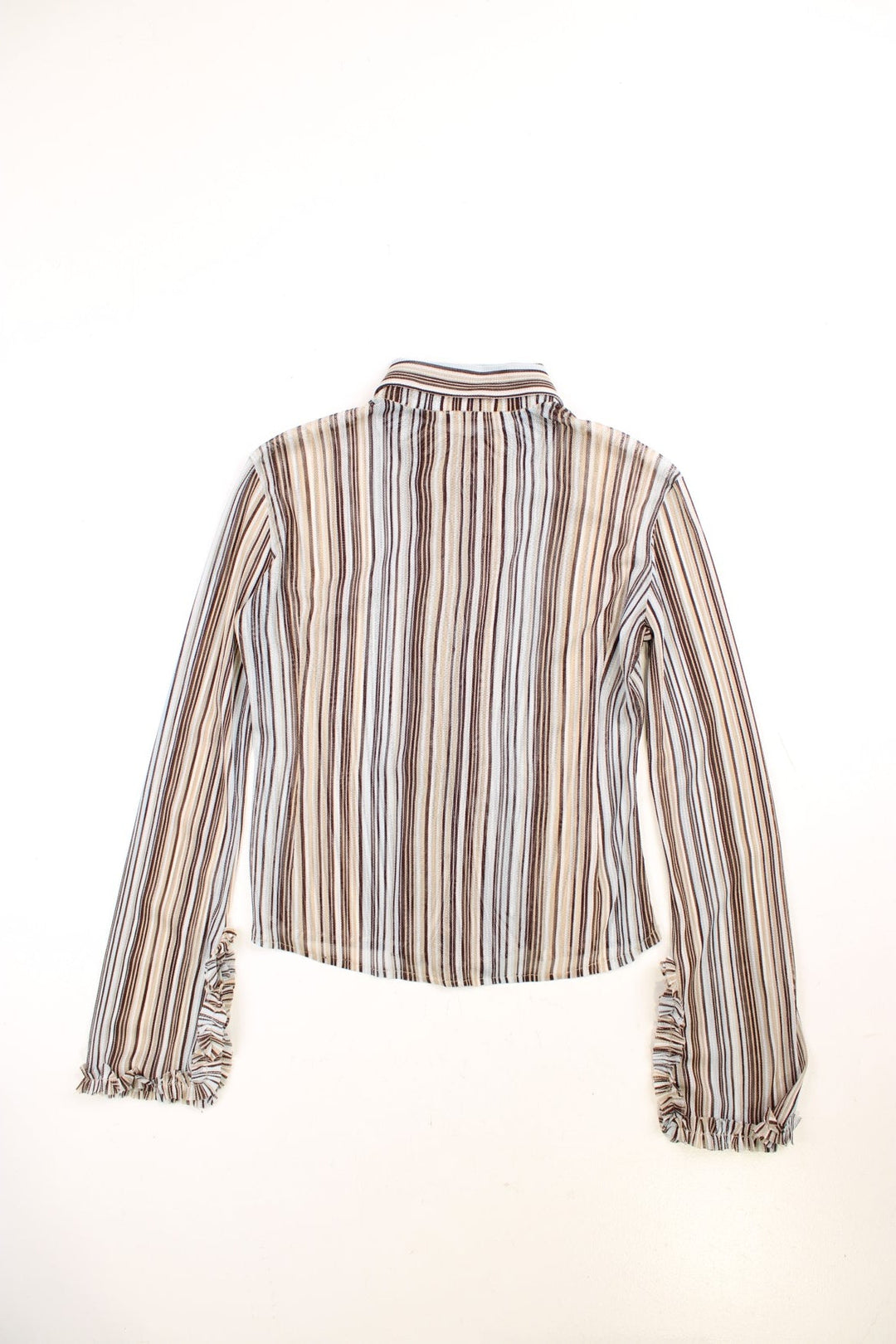 Y2K Jane Norman mesh blouse in pale blue with brown stripes, slit sleeves, and ruffles along the buttons and cuffs.