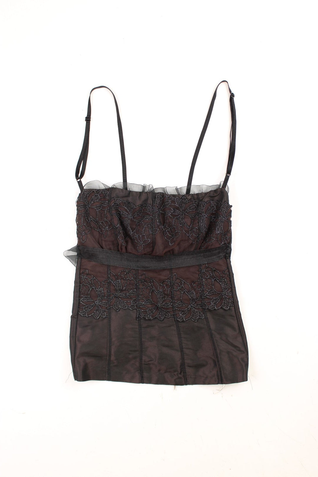 Y2K Siste's Italy corset-style top in a black and brown colourway with glittery black floral embroidery, a ribbon tie at the back, and adjustable straps.