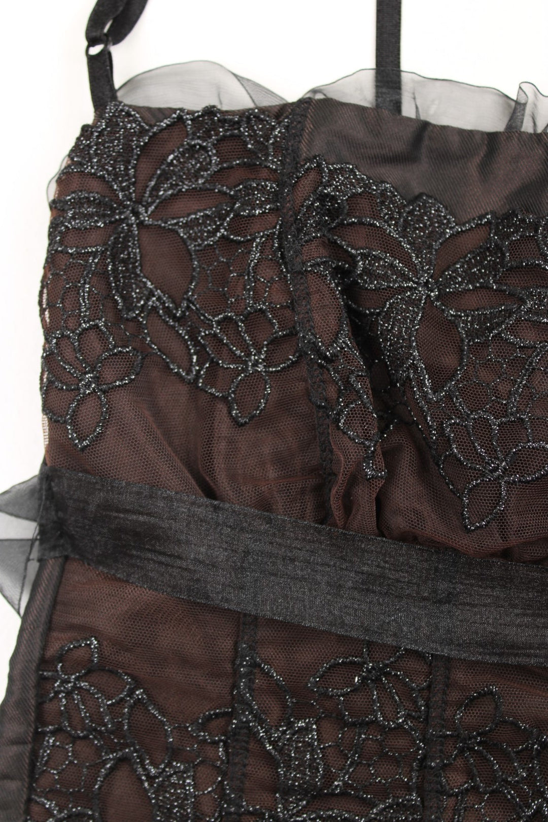  Siste's Italy corset-style top in a  and brown colourway with glittery black floral embroidery, a ribbon tie at the back, and adjustable straps.