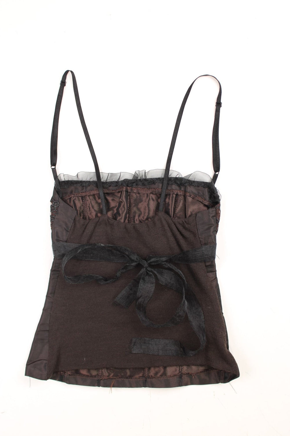  Siste's Italy corset-style top in a  and brown colourway with glittery black floral embroidery, a ribbon tie at the back, and adjustable straps.