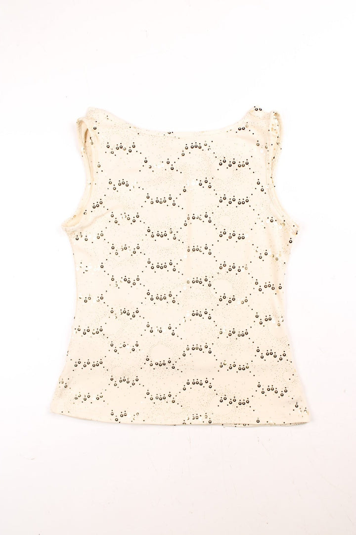 Y2K cowl neck top in cream with gold sequins and a belt detail by Ixa Bella.