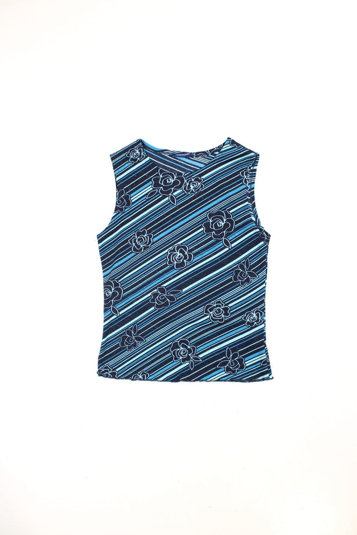 Y2K Debenhams vest top in blue with stripes and rose patterns.