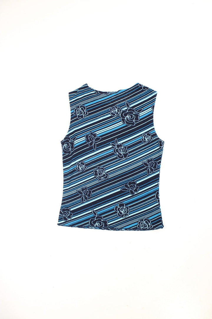 Y2K Debenhams vest top in blue with stripes and rose patterns.