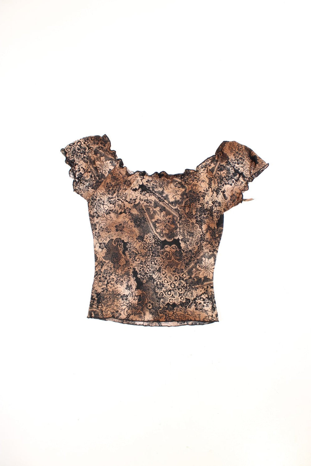 Y2K Starcity top in brown with a floral print in black, subtle glitter detailing, cap sleeves, a ribbon tie at the front, and frills on the neckline and sleeves.