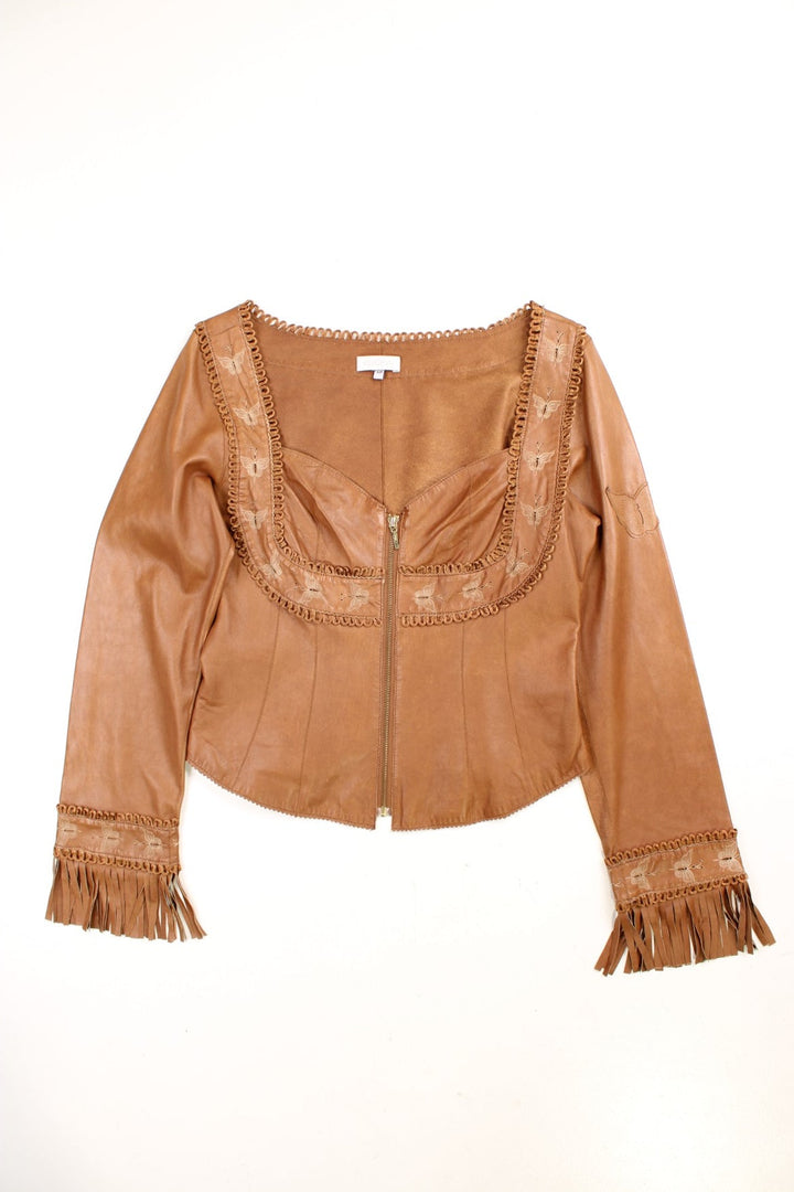 Y2K Kookai zipped brown leather milkmaid top with butterfly embroidery and fringe on the cuffs. 