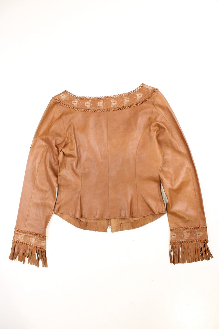 Y2K Kookai zipped brown leather milkmaid top with butterfly embroidery and fringe on the cuffs. 