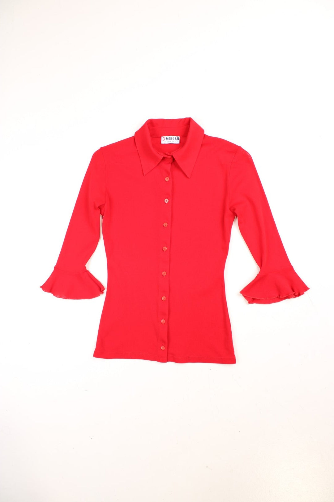 Y2K Morgan de Toi blouse in red with 3/4 length ruffled sleeves.