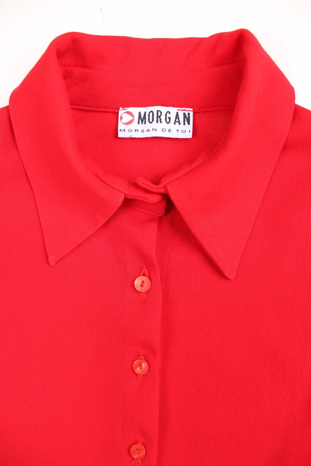 Y2K Morgan de Toi blouse in red with 3/4 length ruffled sleeves.