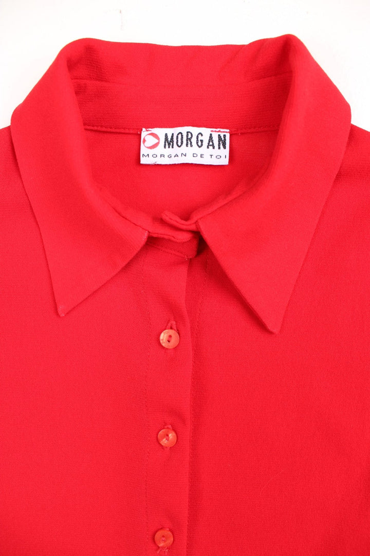 Y2K Morgan de Toi blouse in red with 3/4 length ruffled sleeves.