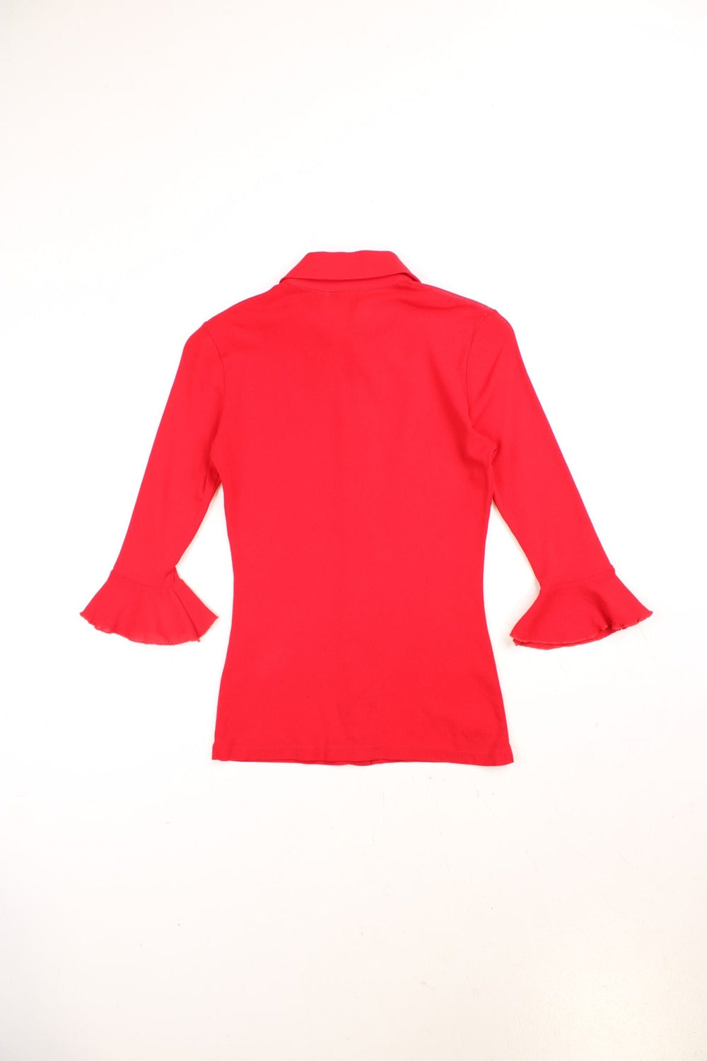 Y2K Morgan de Toi blouse in red with 3/4 length ruffled sleeves.