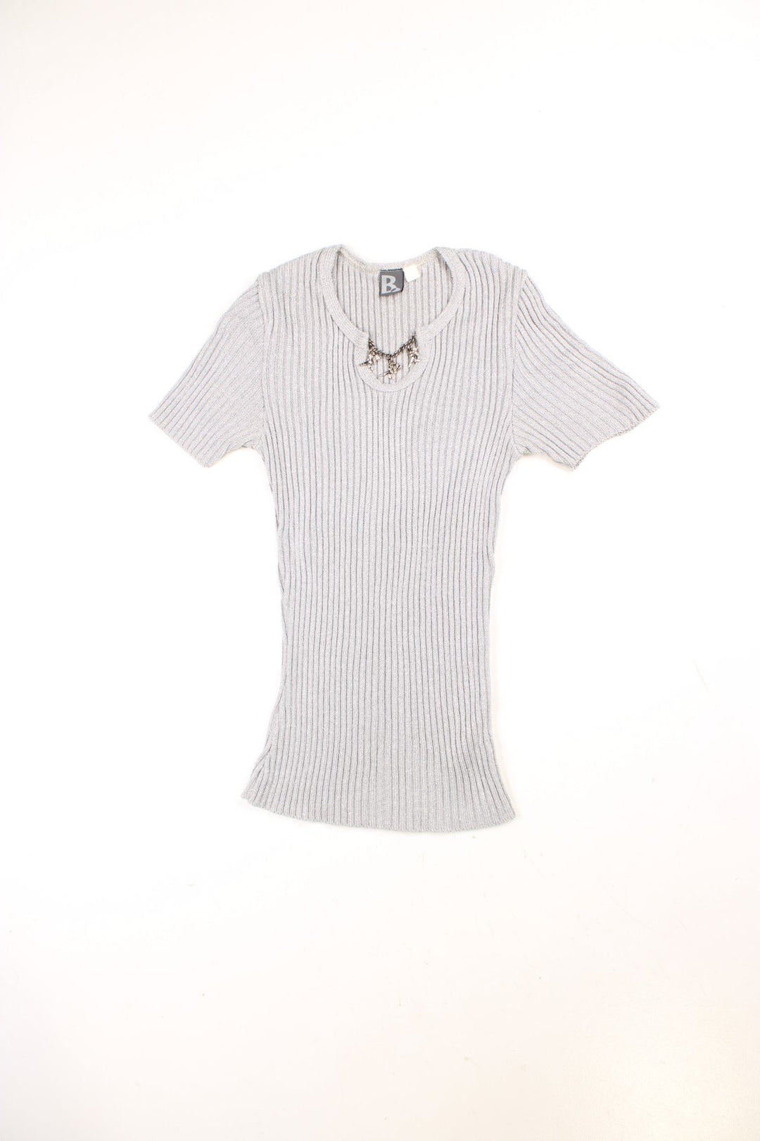 Y2K short-sleeved knit top in a stretchy ribbed grey fabric with silver sparkles and a silver chain across the neckline with three cherub charms. 