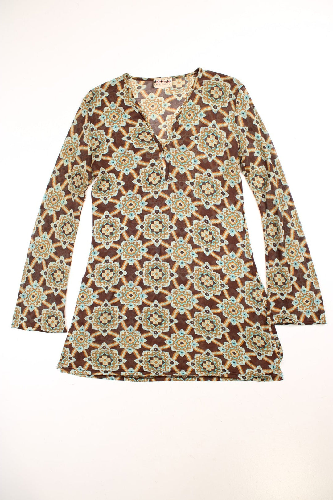 Y2K Morgan de Toi mesh tunic top in brown with a blue geometric pattern, one button, fluted sleeves and a split hem at both sides.