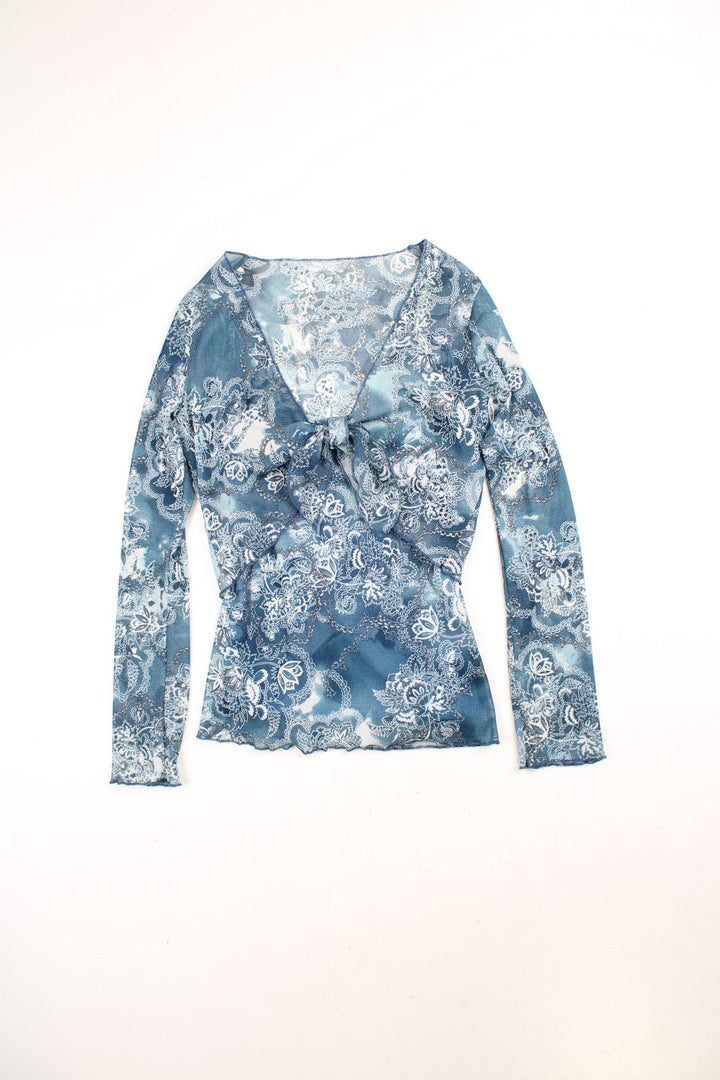 Y2K Wallis cami top and sheer tie-front bolero set in a blue floral print with a lettuce hem.