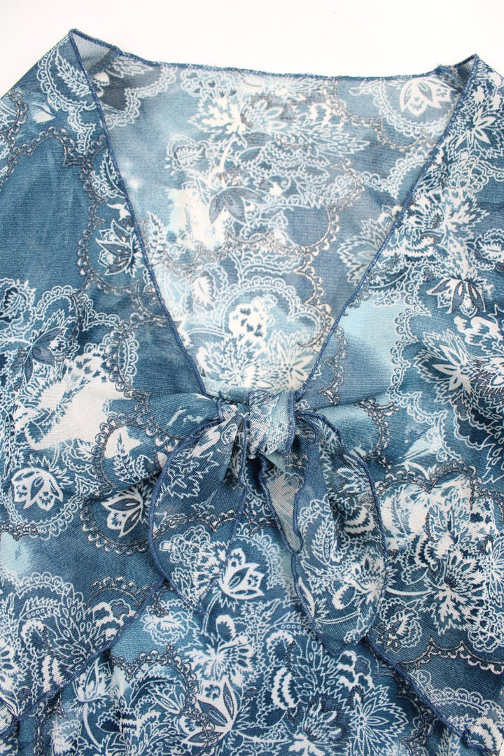 Y2K Wallis cami top and sheer tie-front bolero set in a blue floral print with a lettuce hem.