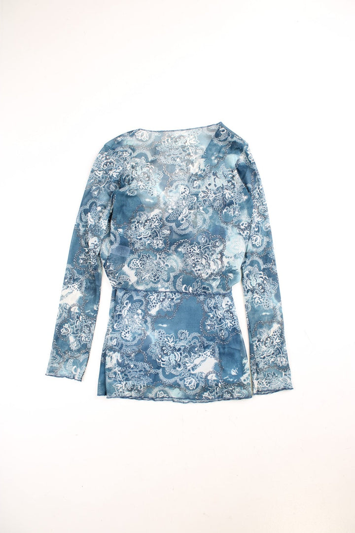 Y2K Wallis cami top and sheer tie-front bolero set in a blue floral print with a lettuce hem.