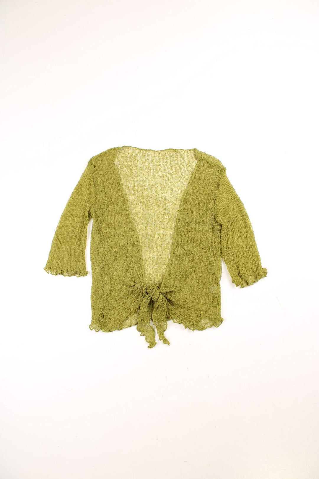 Y2K sheer knit bolero top in green with a lettuce hem and tie-front closure.