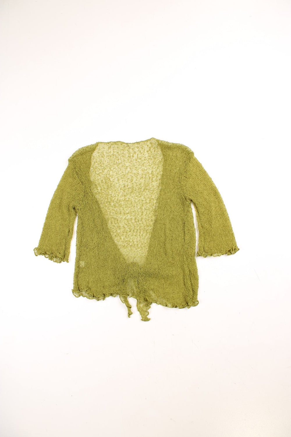 Y2K sheer knit bolero top in green with a lettuce hem and tie-front closure.