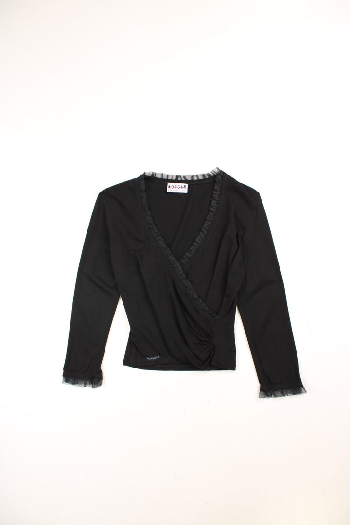 Y2K Morgan de Toi wrap top in black with ruching, a frilly tulle trim and a small logo tag on the hem..