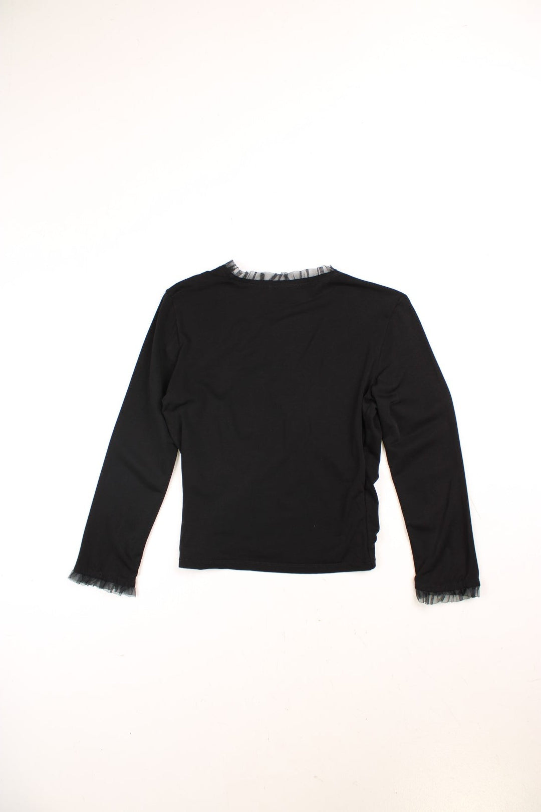 Y2K Morgan de Toi wrap top in black with ruching, a frilly tulle trim and a small logo tag on the hem..