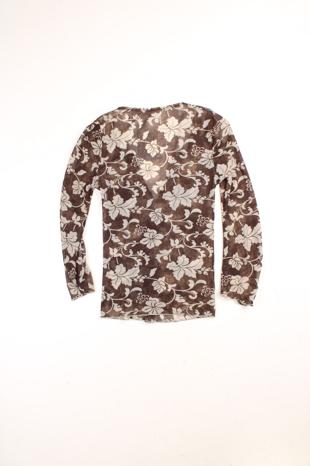 Y2K Kookai mesh top in brown with a white floral print, button closure, and a white lace trim around the neckline.