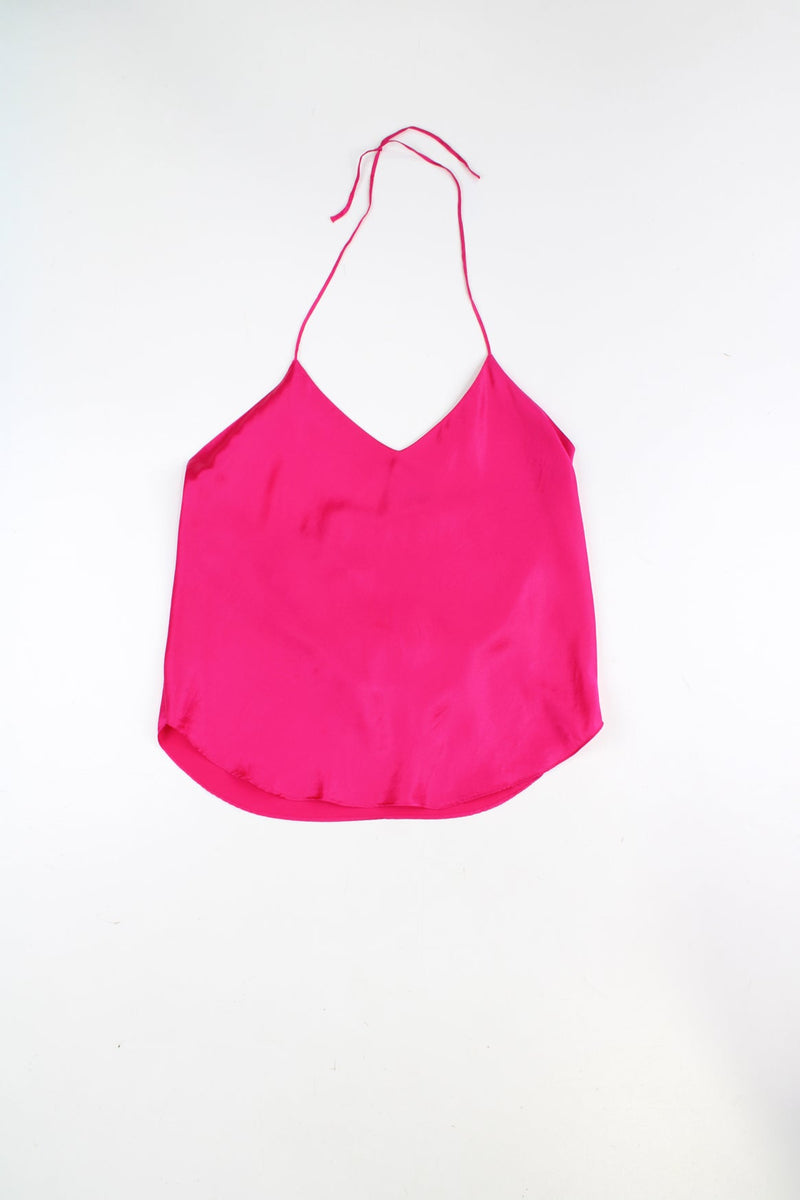 Y2K bright pink 100% silk halter neck cami top