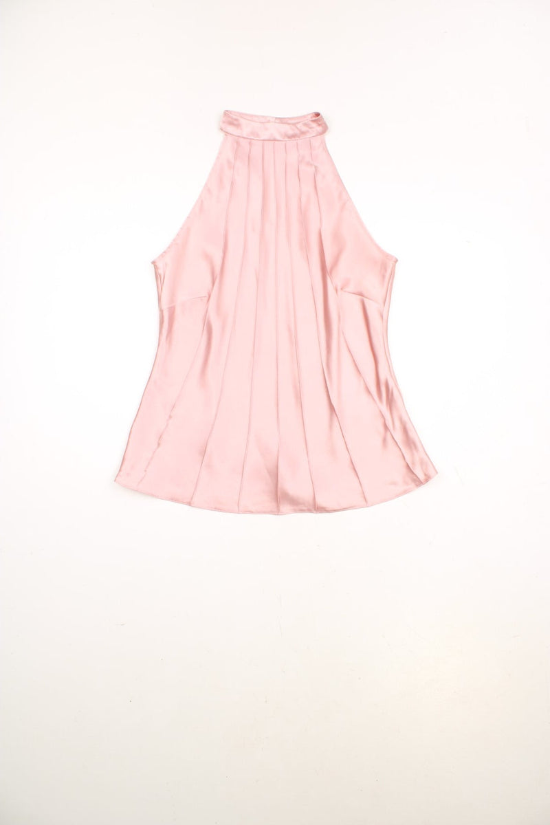 Y2K Pink satin Etam Halter Neck top with pleats and button fastenings on the neck.