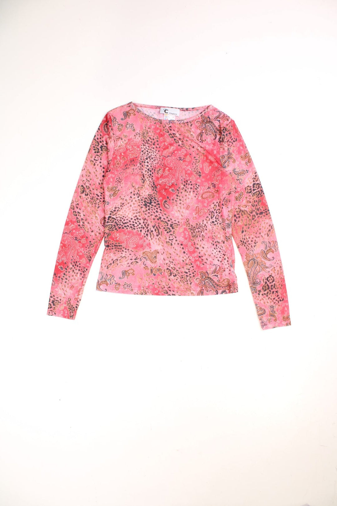 Y2K mesh paisley and leopard print top in hot pink by Collection Chalice. 