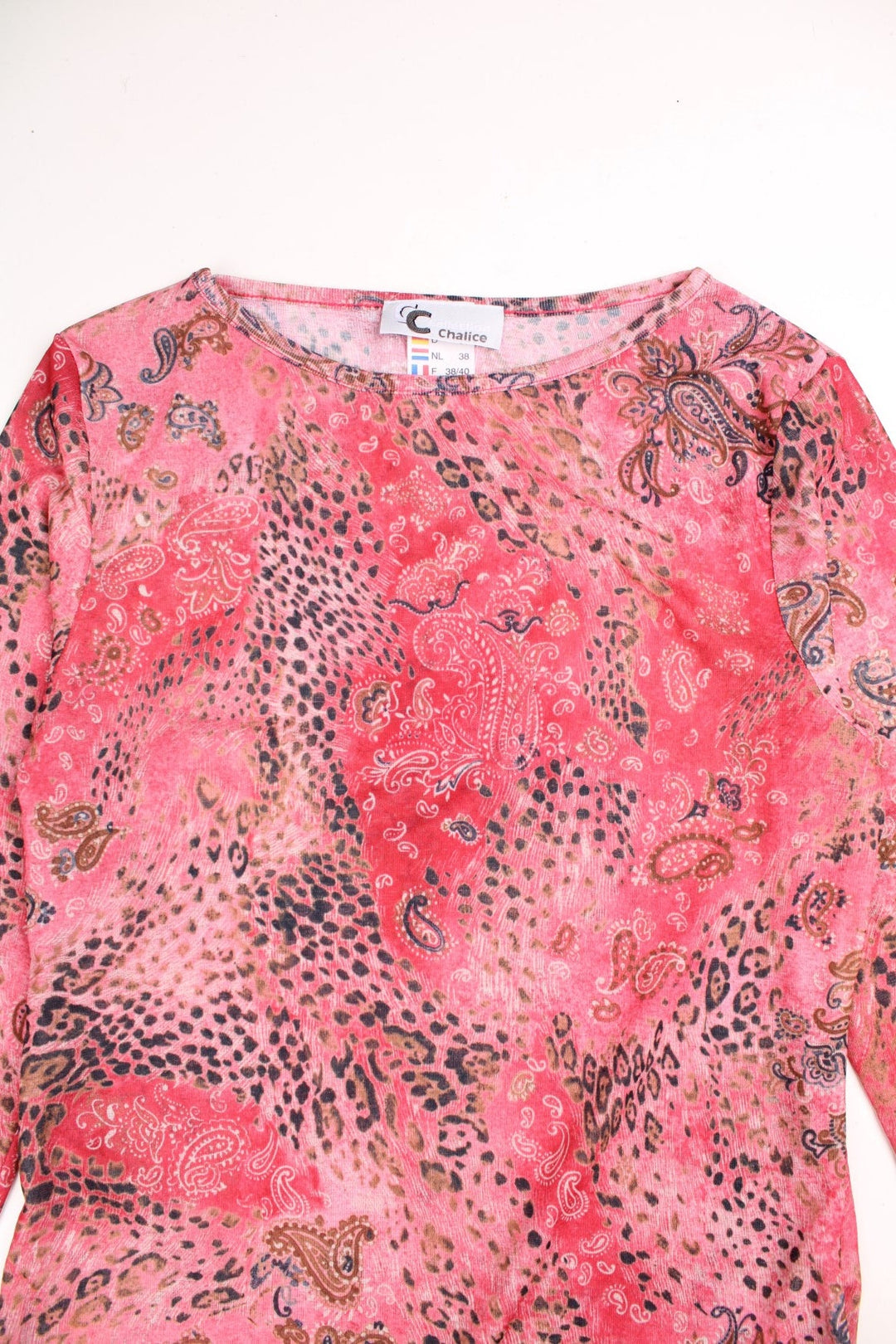 Y2K mesh paisley and leopard print top in hot pink by Collection Chalice. 