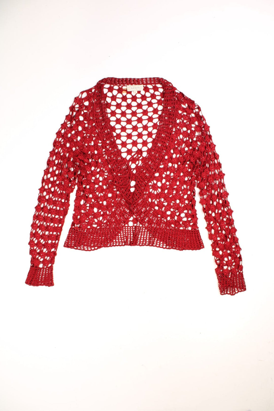 Y2K tie-front red beaded crochet top. 