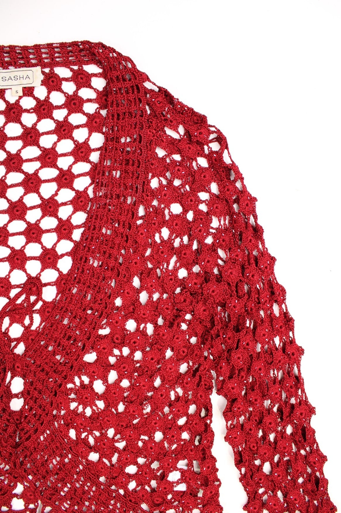 Y2K tie-front red beaded crochet top. 