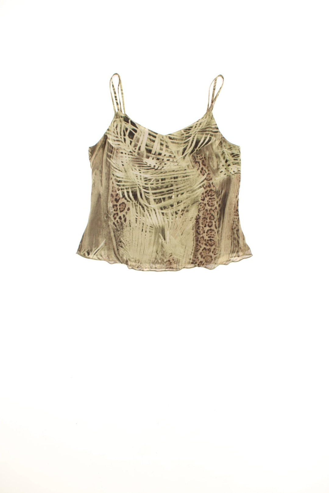 Y2K Rosie's R L.F.Collection green mesh double strap cami top with leopard and leaf print.