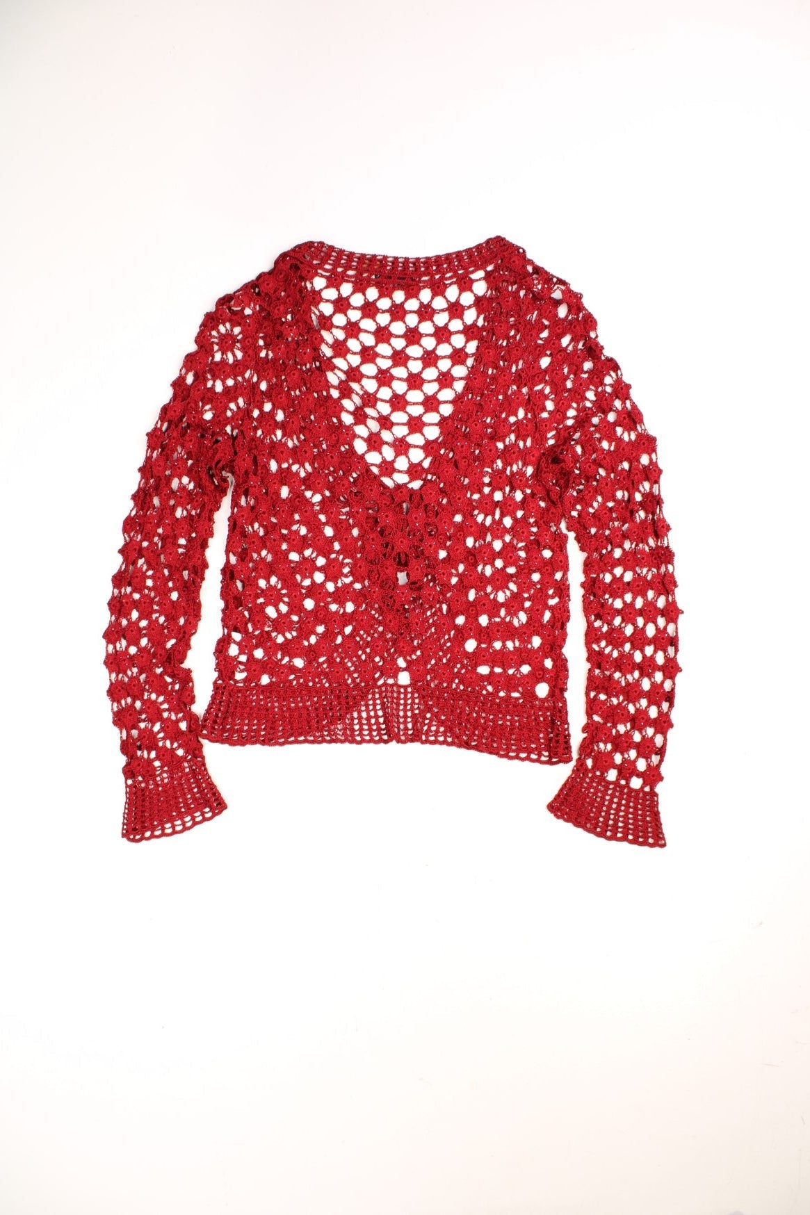 Y2K tie-front red beaded crochet top. 