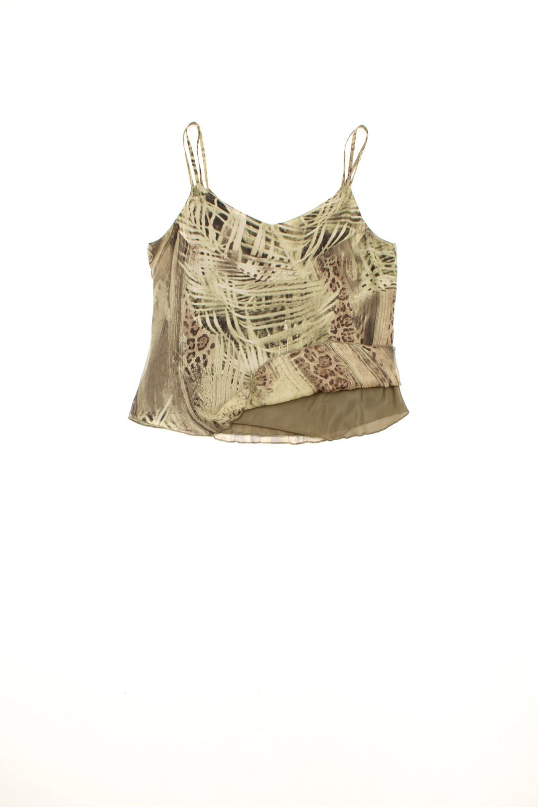 Y2K Rosie's R L.F.Collection green mesh double strap cami top with leopard and leaf print.