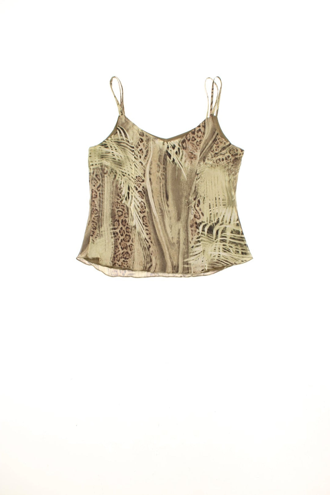 Y2K Rosie's R L.F.Collection green mesh double strap cami top with leopard and leaf print.