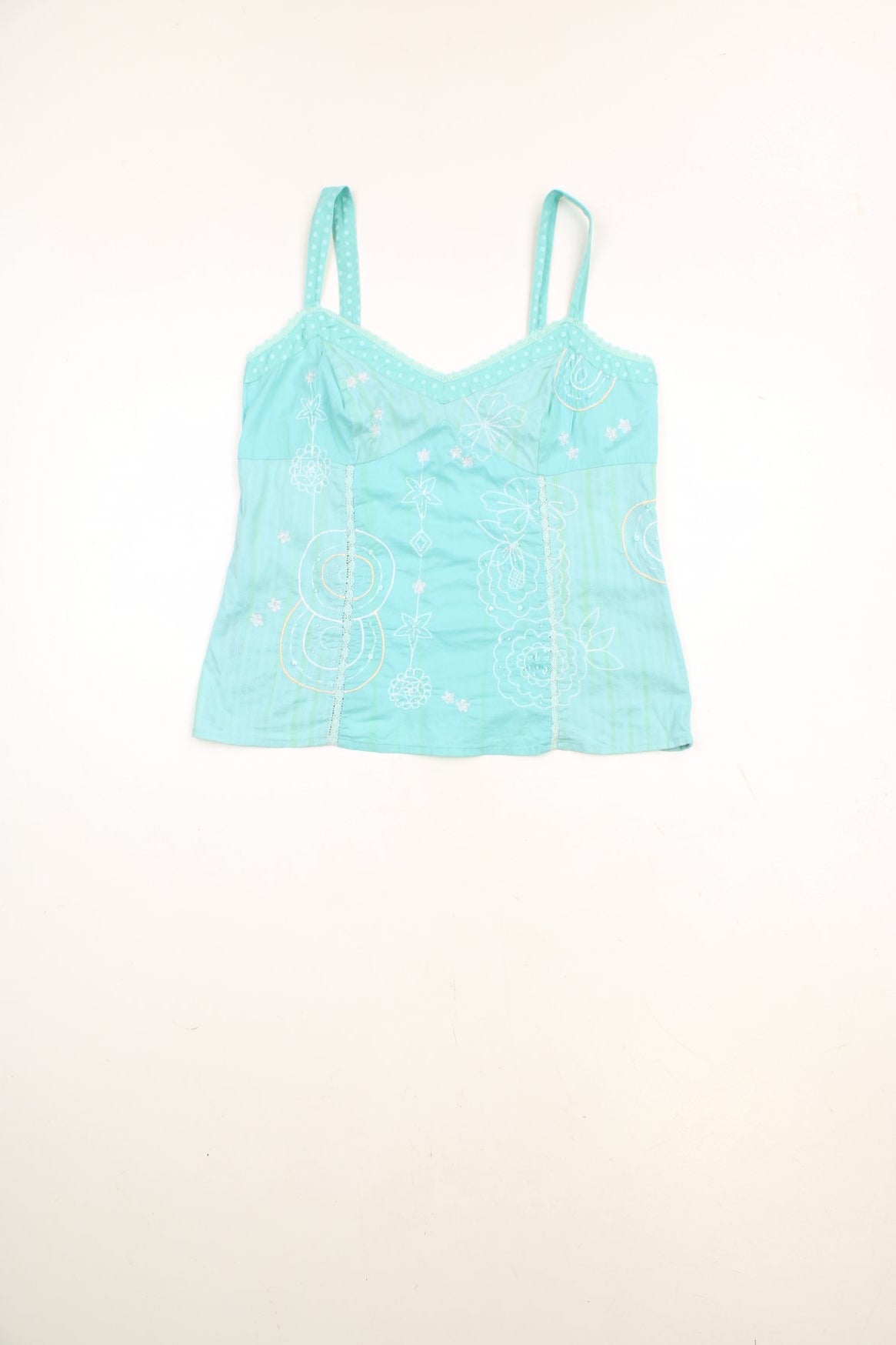 Y2K Per Una blue cami top with floral embroidery and sequin embellishments with side zip.