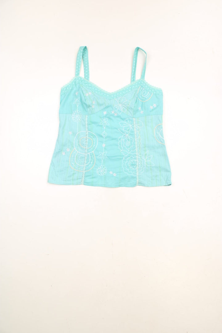 Y2K Per Una blue cami top with floral embroidery and sequin embellishments with side zip.