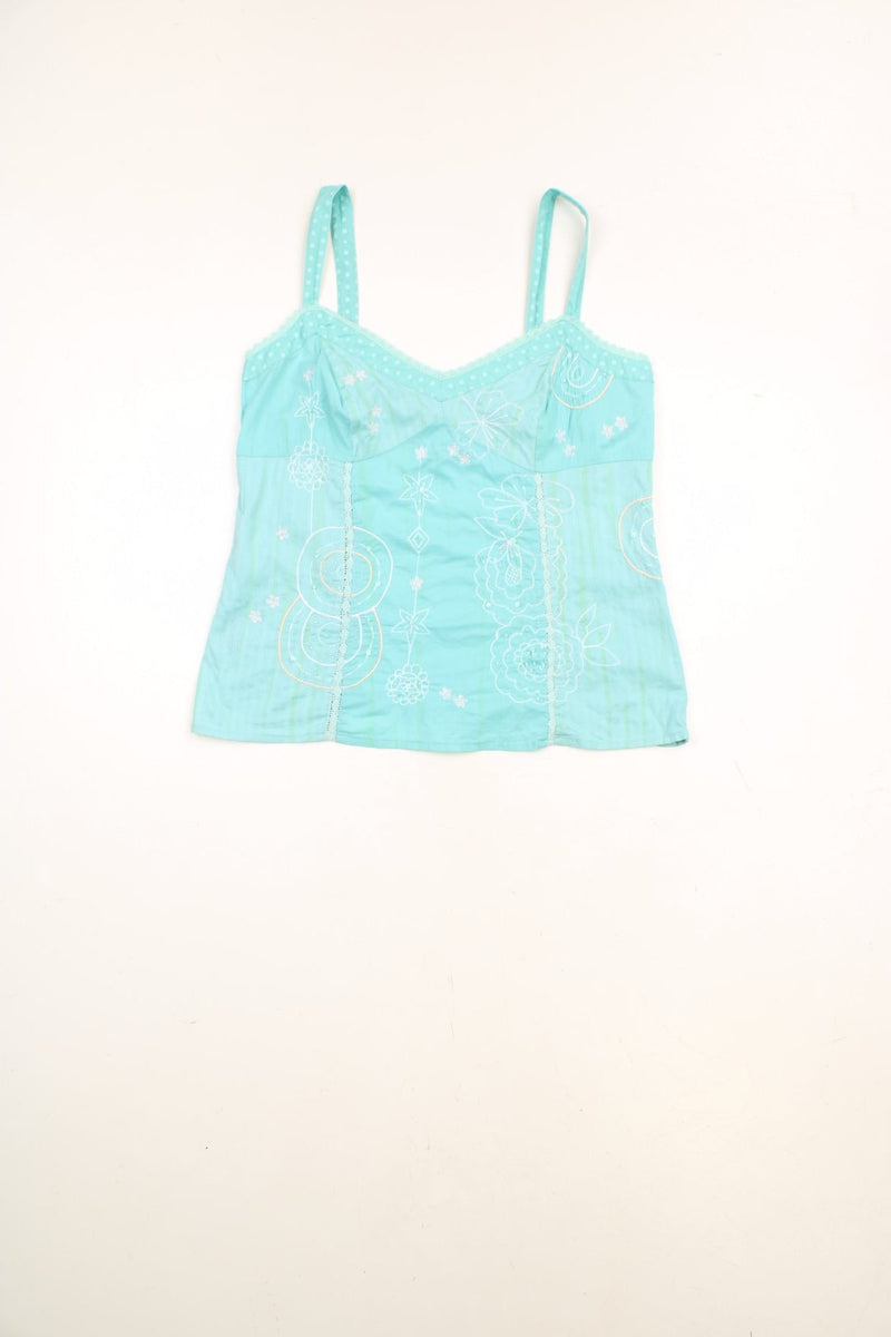 Y2K Per Una blue cami top with floral embroidery and sequin embellishments with side zip.