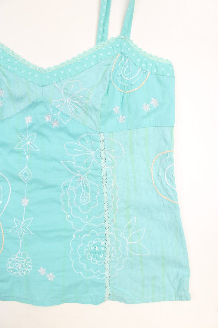 Y2K Per Una blue cami top with floral embroidery and sequin embellishments with side zip.