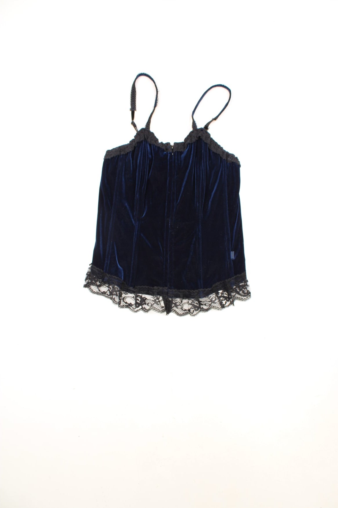 Vintage Tripp NYC velvet corset cami top in blue and black with lace detailing, metal hook fastenings down the front and adjustable straps.