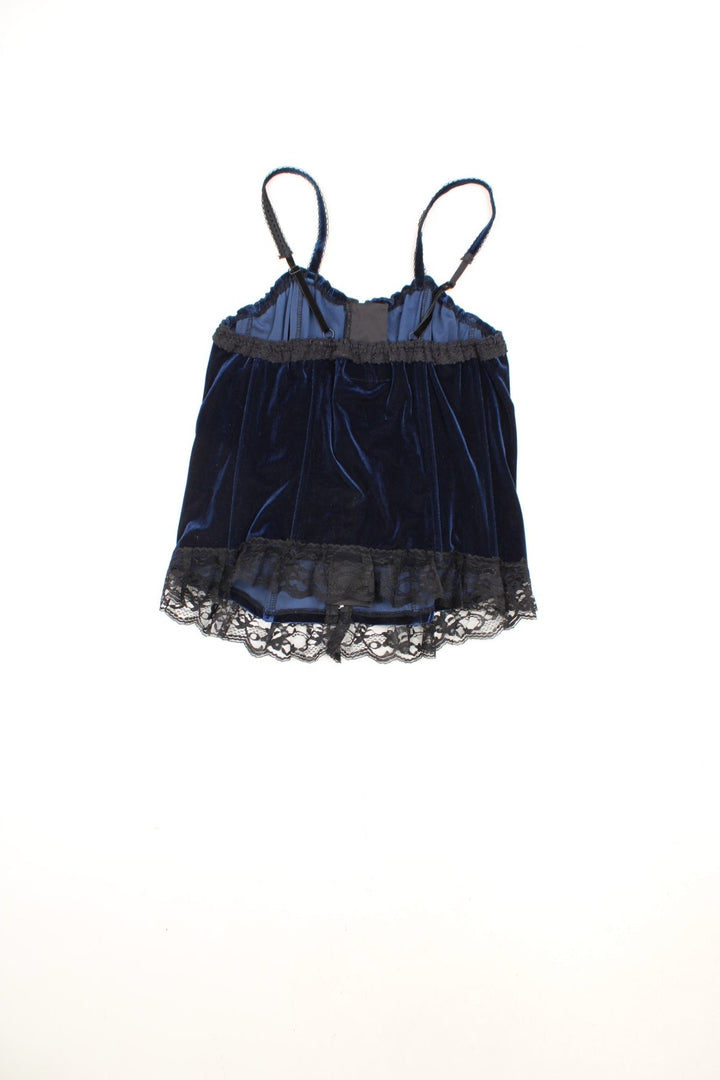 Vintage Tripp NYC velvet corset cami top in blue and black with lace detailing, metal hook fastenings down the front and adjustable straps.