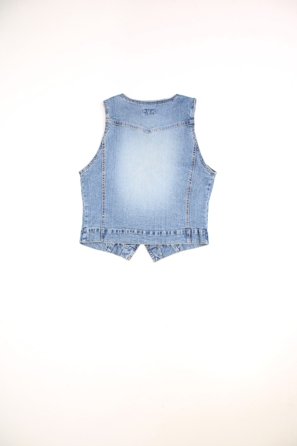 Moto blue denim vest top with cutouts and blue beaded designs on the front. Matching beaded denim skirt available. 