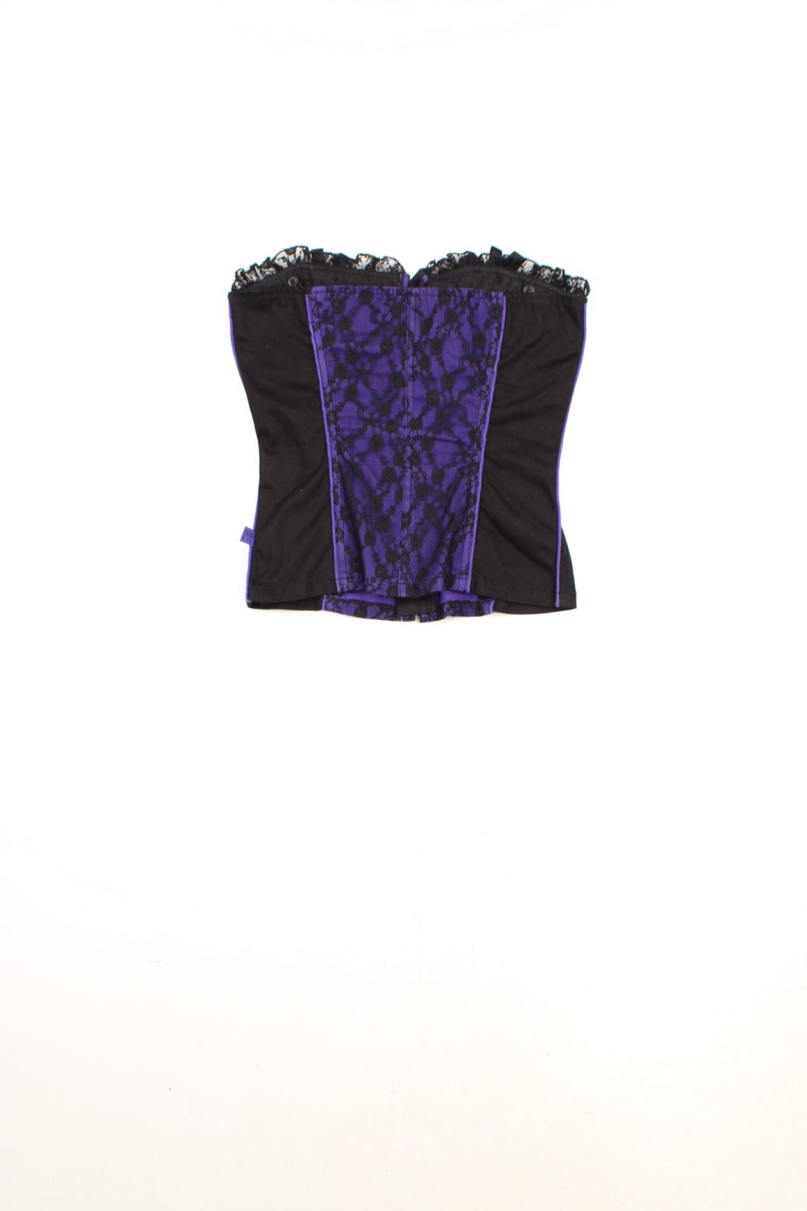 Tripp NYC black and purple corset with lace and ribbon details and metal hook fastenings down the front.