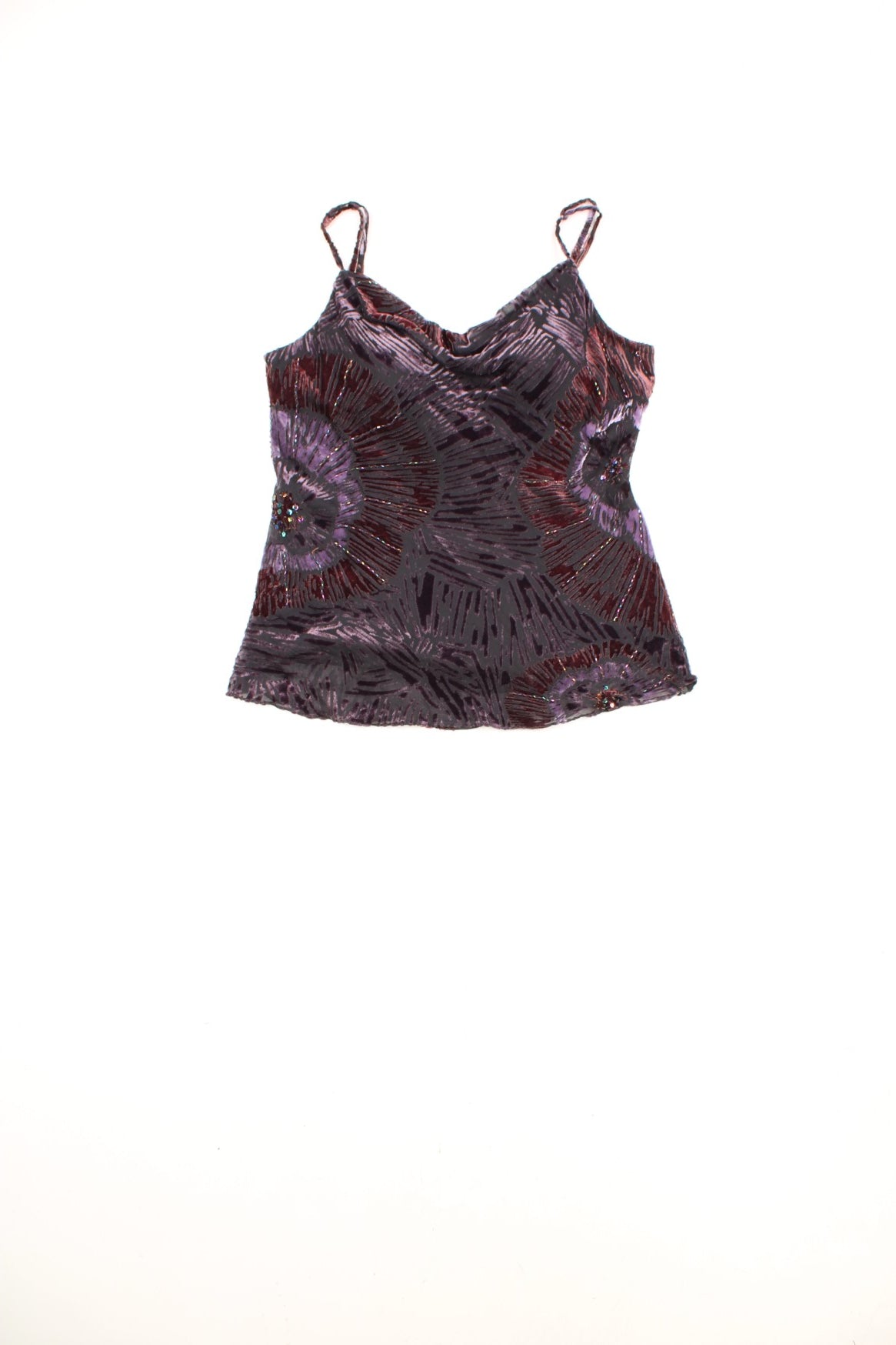 Y2K Michel Ambers black and purple, velvet and mesh cami top with sequin embellishments and removable padding in the lining. 