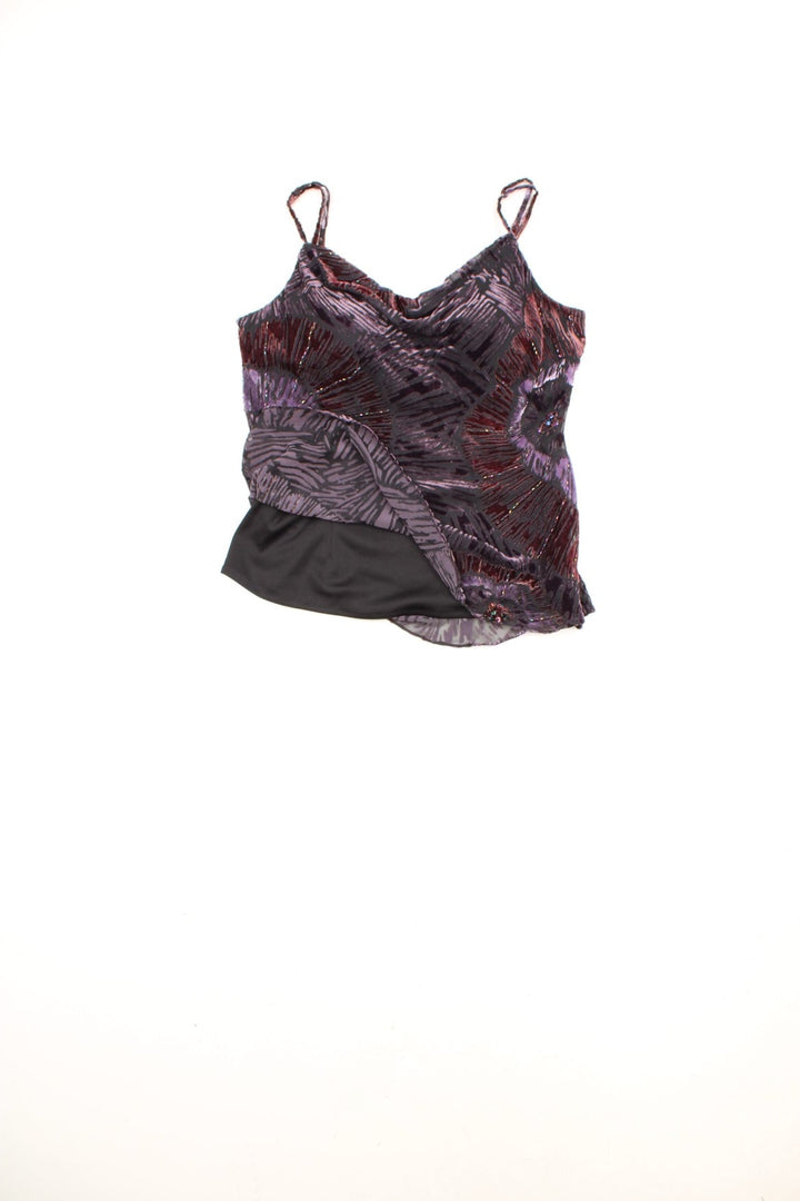 Y2K Michel Ambers black and purple, velvet and mesh cami top with sequin embellishments and removable padding in the lining. 