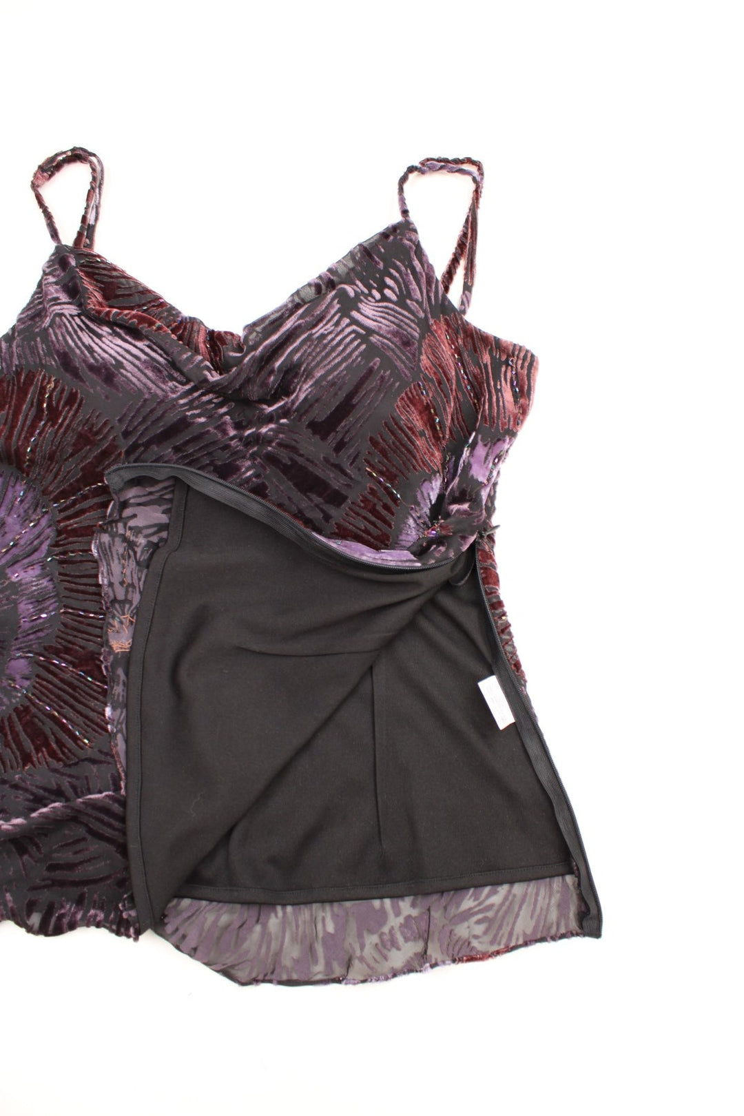 Y2K Michel Ambers black and purple, velvet and mesh cami top with sequin embellishments and removable padding in the lining. 