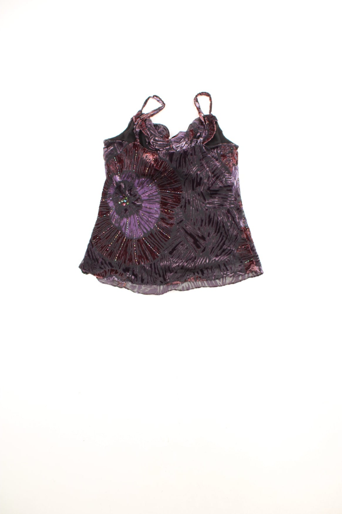 Y2K Michel Ambers black and purple, velvet and mesh cami top with sequin embellishments and removable padding in the lining. 