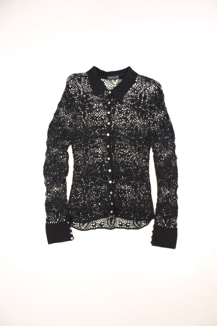 Karen Millen black floral crochet blouse with pearl-effect buttons. 