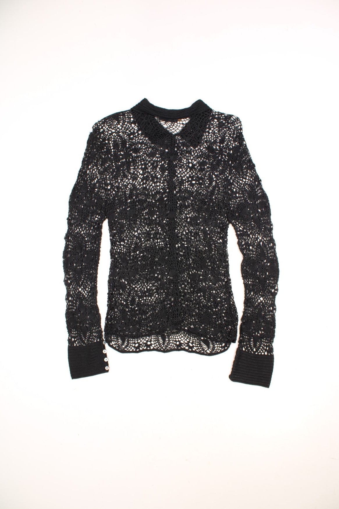 Karen Millen black floral crochet blouse with pearl-effect buttons. 