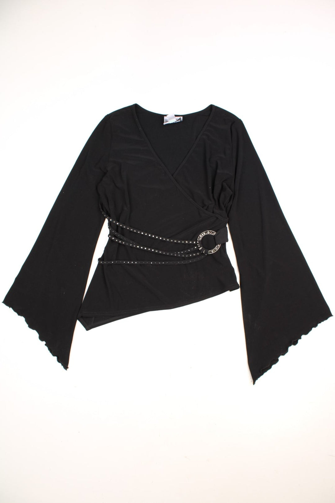 Joseph Ribkoff black wrap top with lettuce hem bell sleeves and diamante belt detailing. 